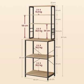 Regał kuchenny loft Songmics 60 x 40 x 167 cm z 6 półkami
